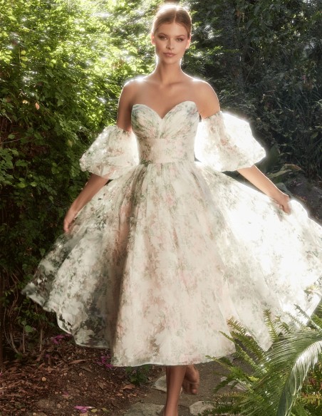 Flower print midi party dress with removable puffed sleeves