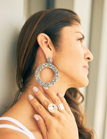 Round party earrings with tassels and crystals