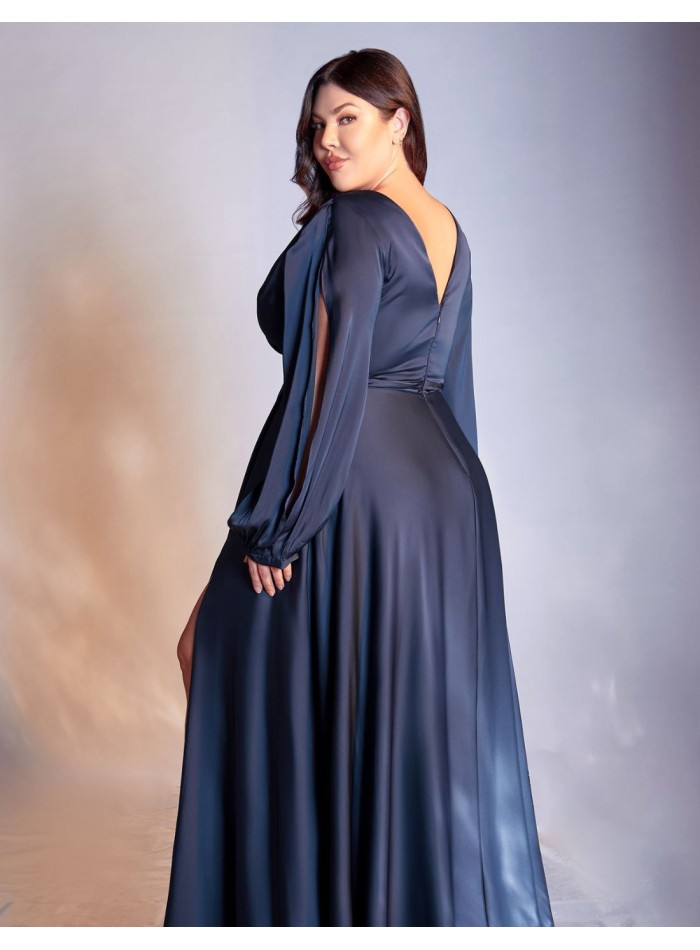 Vestido largo de fiesta satinado con manga larga acuchillada