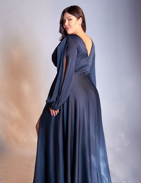 Long satin party dress with slashed long sleeves