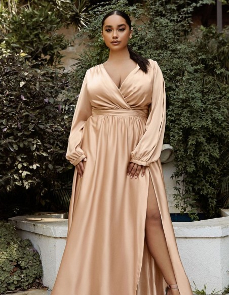 Long satin party dress with slashed long sleeves