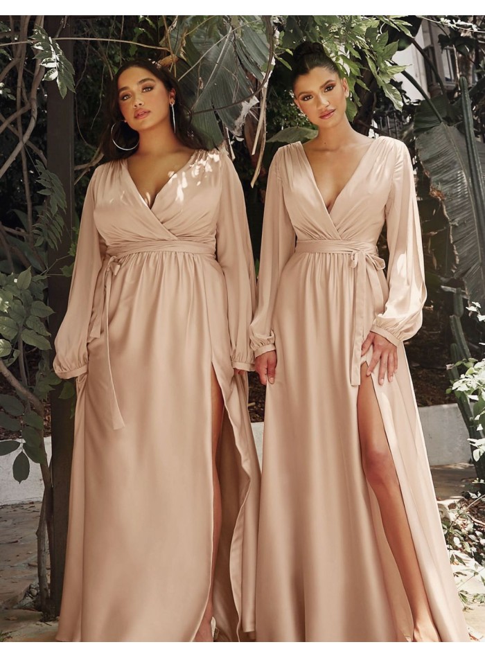 Long satin party dress with slashed long sleeves