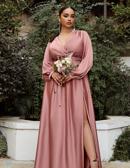 Long satin party dress with slashed long sleeves
