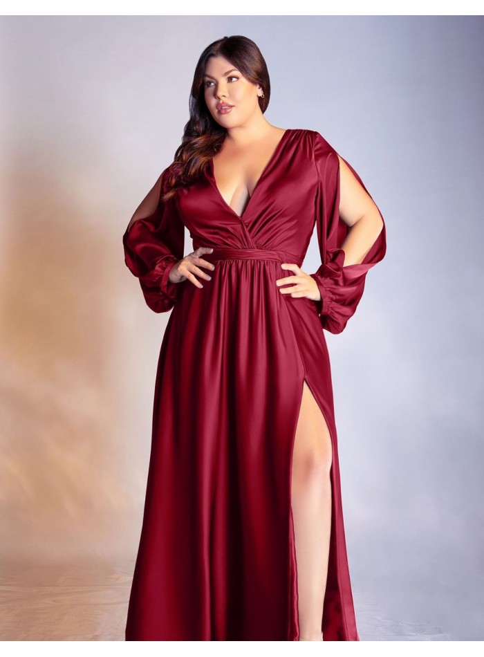 Vestido largo de fiesta satinado con manga larga acuchillada