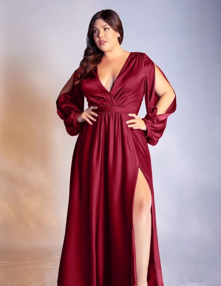 Robe longue de fête en satin avec manches longues fendues