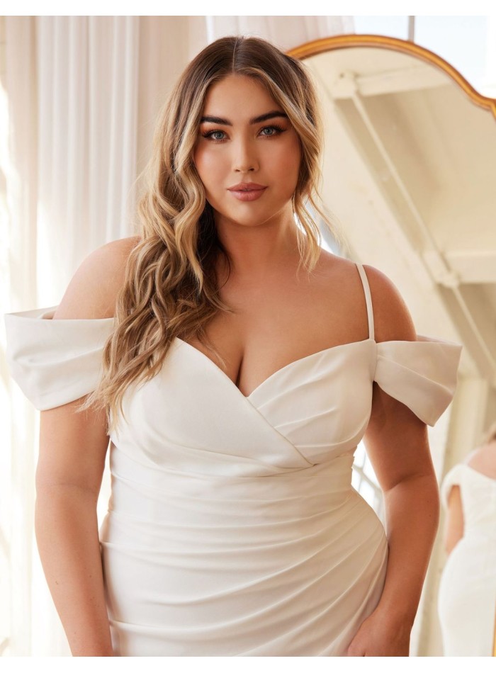 Long wedding dress with draped bandeau neckline