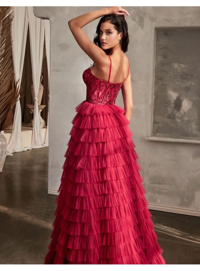 Vestido largo de fiesta con corpiño de encaje y...