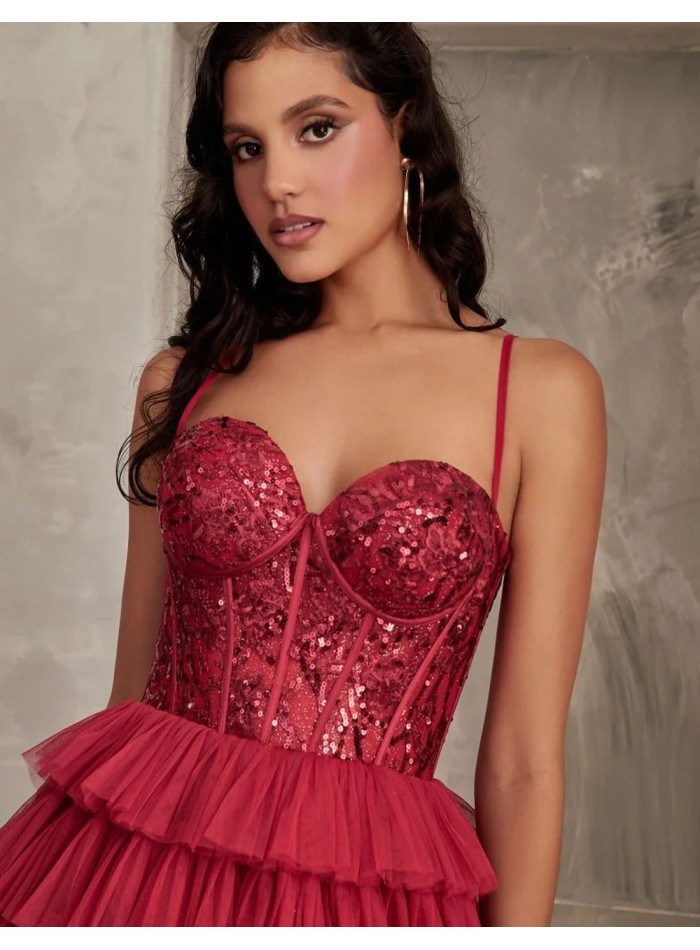 Vestido largo de fiesta con corpiño de encaje y...