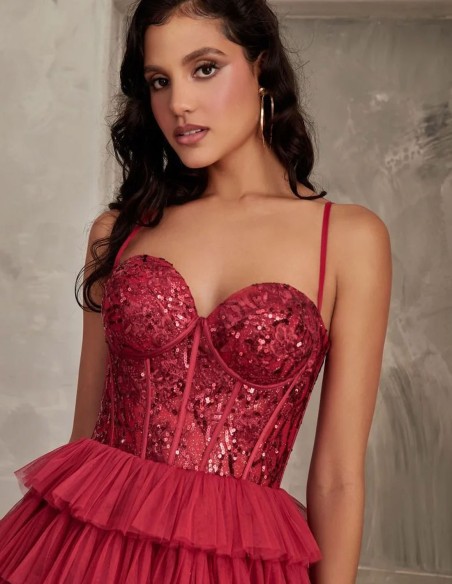 Long party dress with lace bodice and flounced skirt