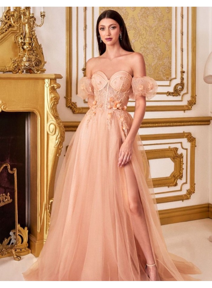 Vestido largo de fiesta de tul con corsé y detalles florales