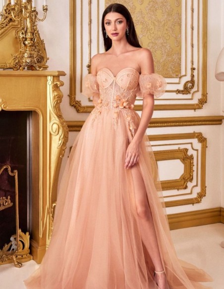 Vestido largo de fiesta de tul con corsé y detalles florales