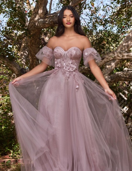 Long tulle party dress with corset and floral details
