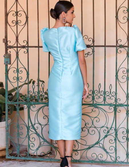 Midi party dress with asymmetric neckline and short lantern sleeves