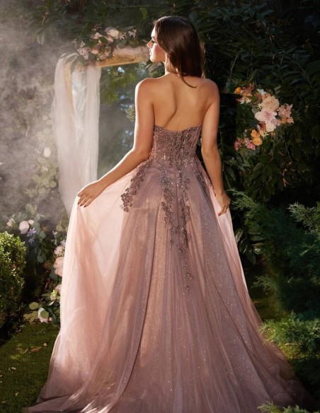 Long party dress with cross neckline and embroidery for guest