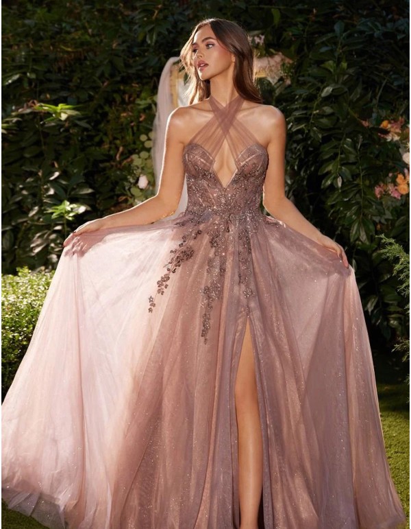 Long party dress with cross neckline and embroidery 2