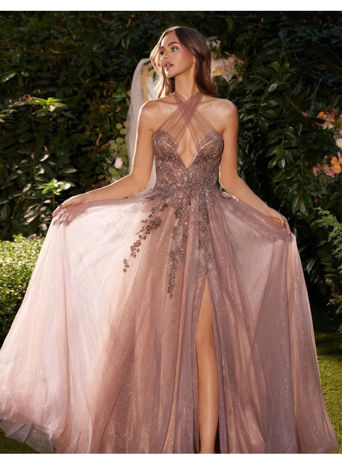 Long party dress with cross neckline and embroidery