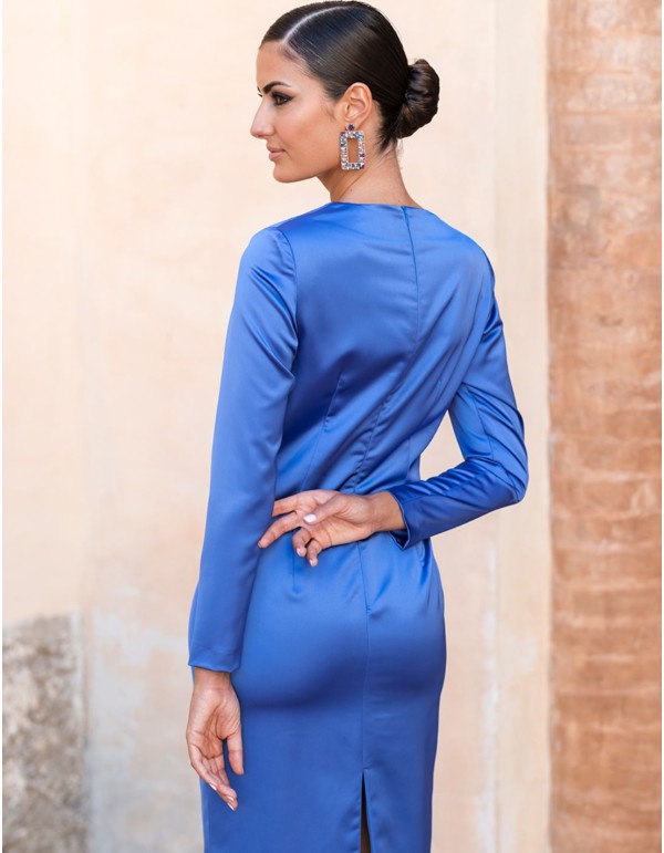Satin midi party dress with long sleeves and knotted 2