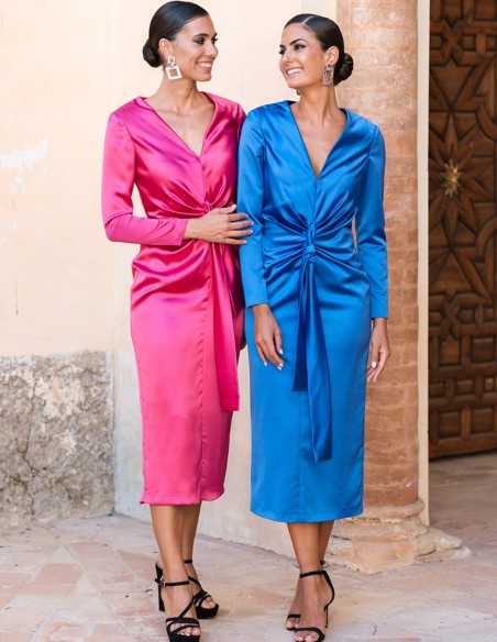 Satin midi party dress with long sleeves and knotted