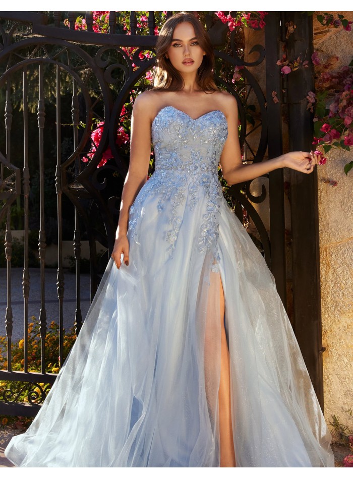 Long party dress with bodice and lace embroidery