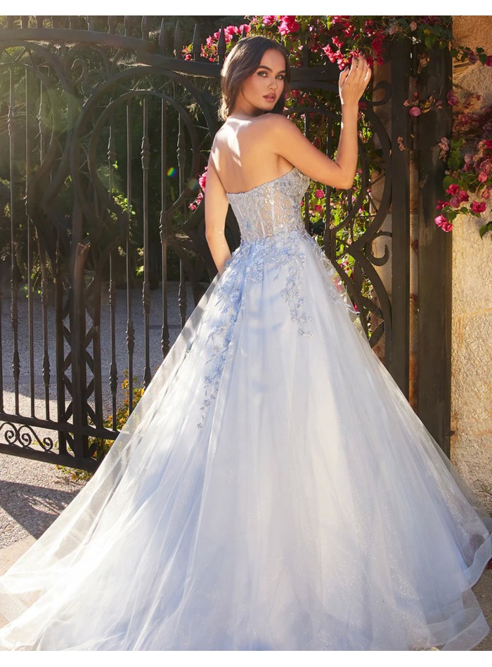 Long party dress with bodice and lace embroidery