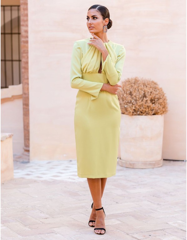 Vestido midi de fiesta con manga larga y escote lágrima