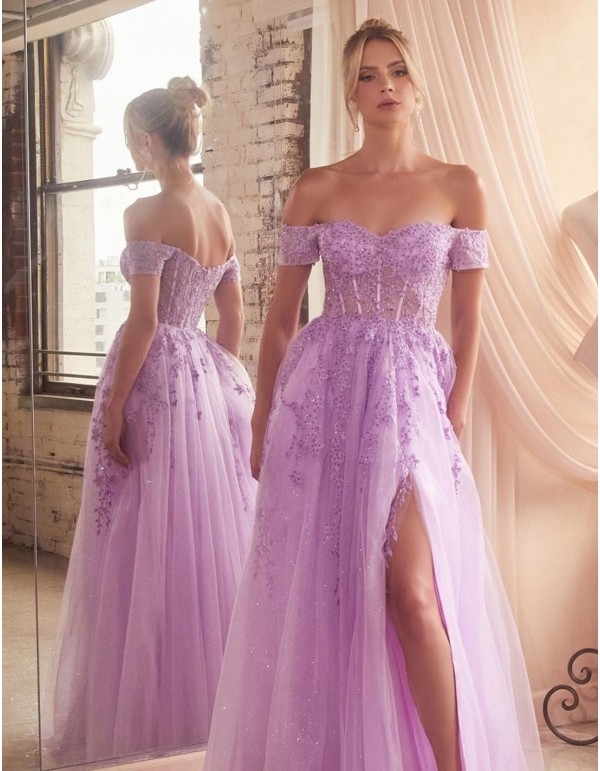 Long party dress with off-the-shoulder neckline and bodice