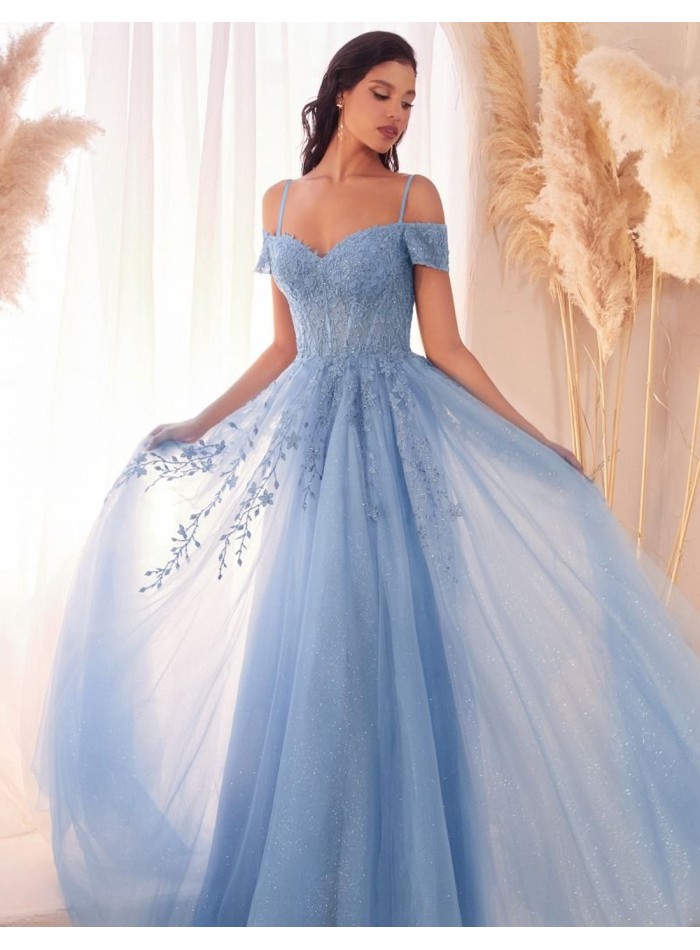 Long party dress with off-the-shoulder neckline and bodice