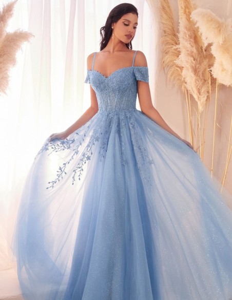 Vestido de fiesta largo con corpiño y escote con hombros descubiertos