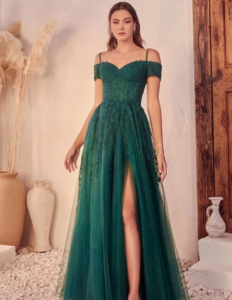 Long party dress with off-the-shoulder neckline and bodice