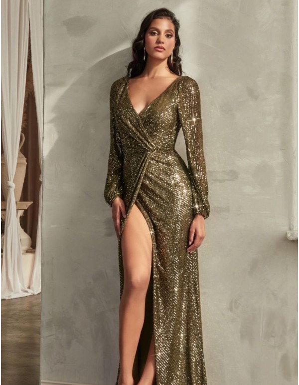 Long glitter party dress with gathering at the waist