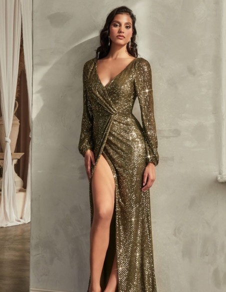 Long glitter party dress with gathering at the waist