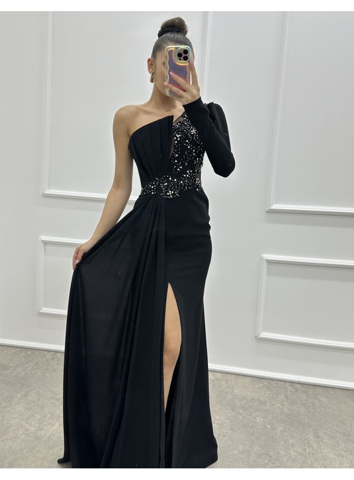 Long party dress with asymmetrical neckline and rhinestones