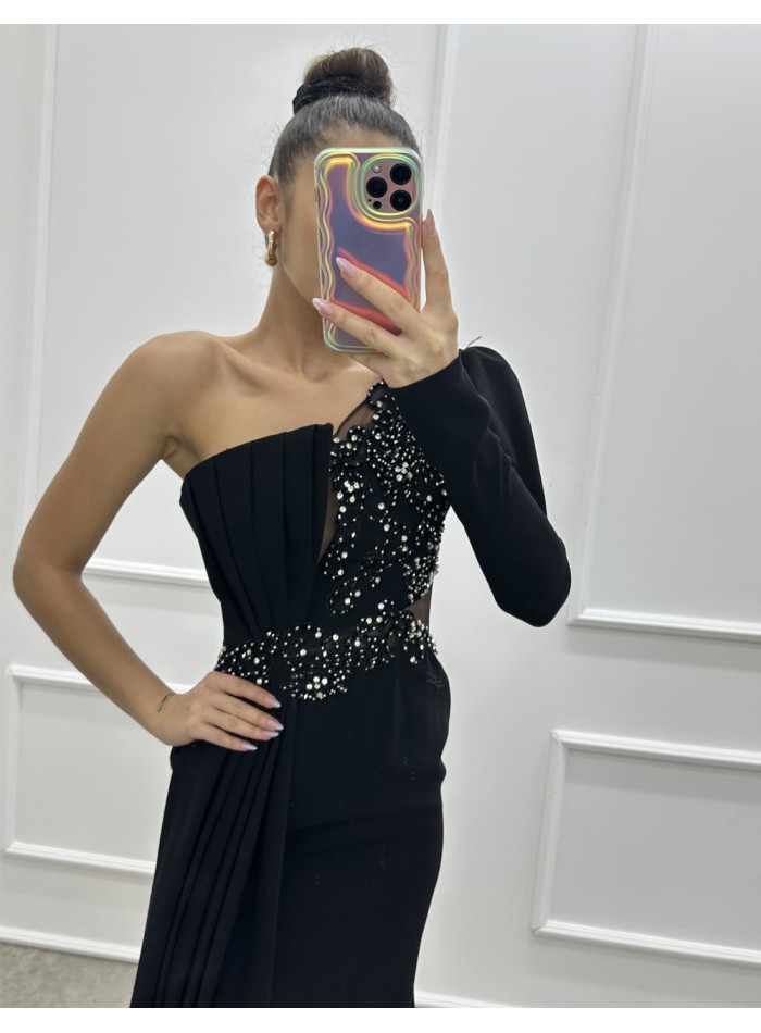 Long party dress with asymmetrical neckline and rhinestones black