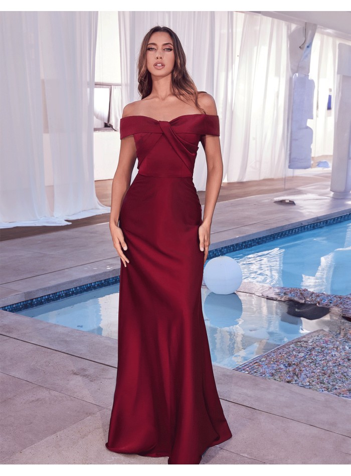 Long satin party gown with a crossover bandeau...