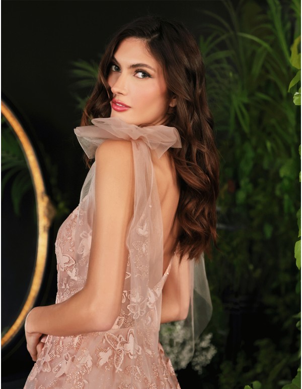 Nude pink tulle gown with butterflies and bow straps