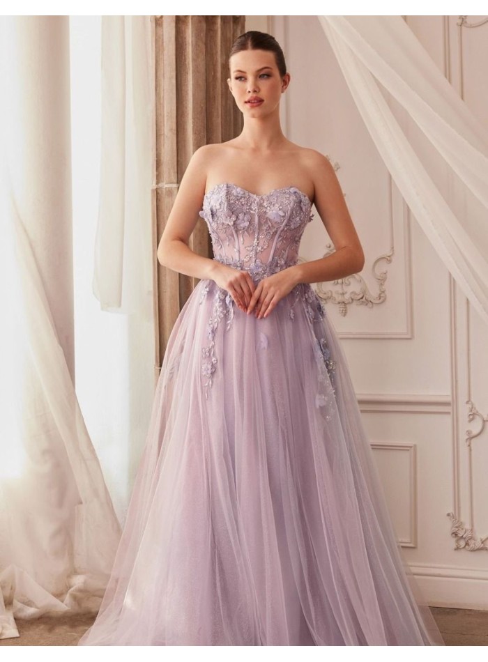 Vestido largo de fiesta con corsé de pedrería y falda de tul