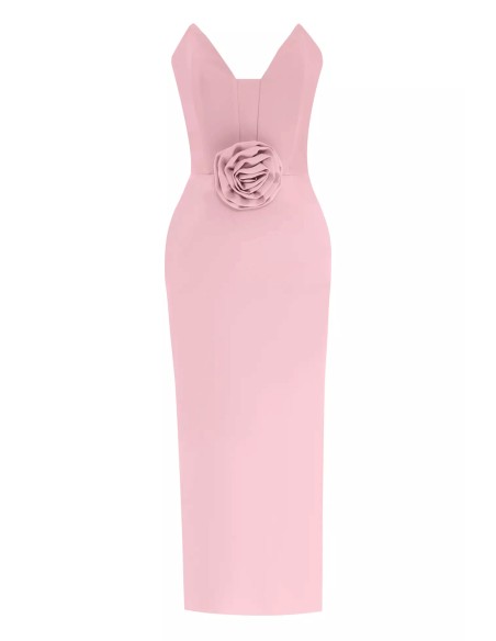 Vestido de cóctel palabra de honor con maxi flor en 3D rosa