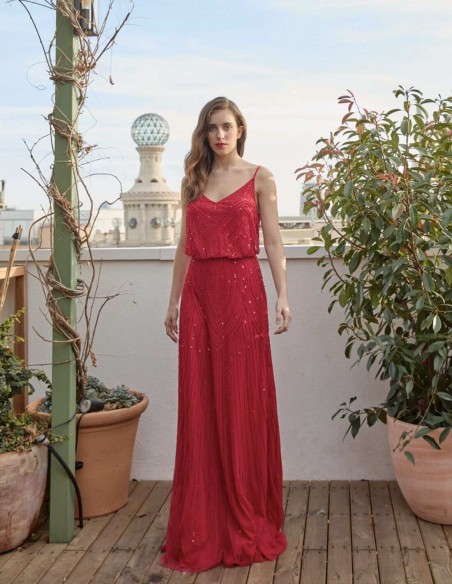 Robe longue de fête avec perles et décolleté dans le dos