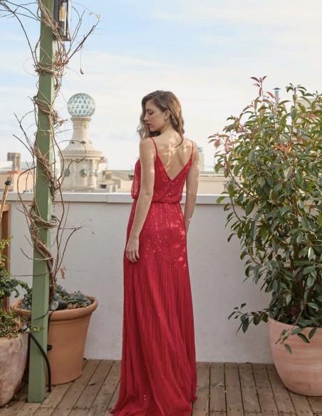 Robe longue de fête avec perles et décolleté dans le dos