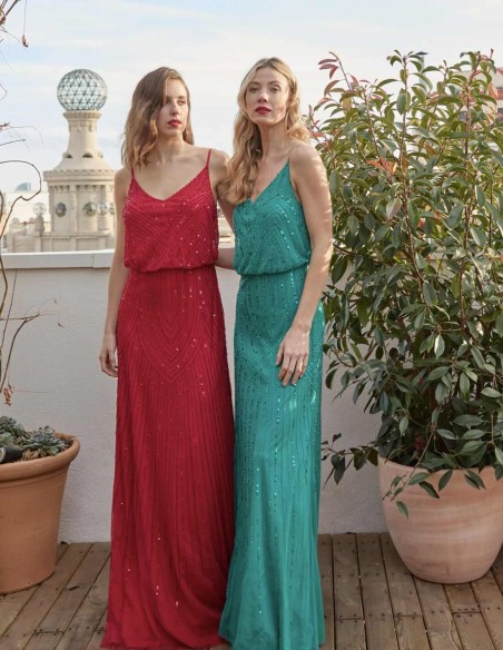 Robe longue de fête avec perles et décolleté dans le dos