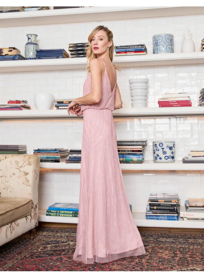 Robe longue de fête avec perles et décolleté dans le dos