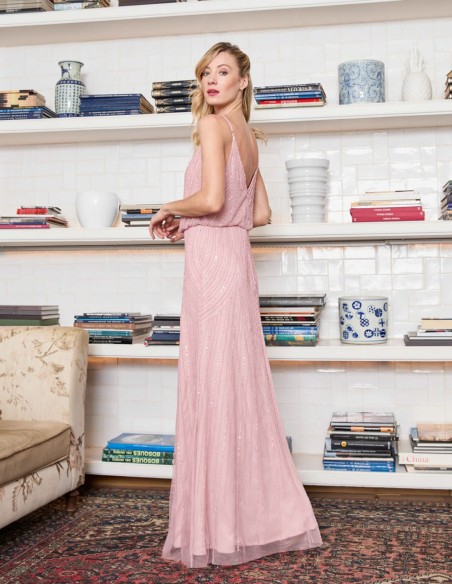 Long party dress with rhinestones and back neckline