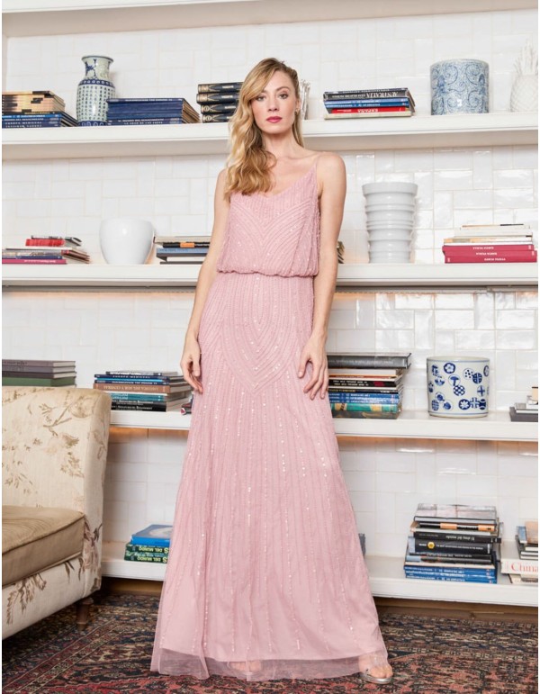 Robe longue de fête avec perles et décolleté dans le dos