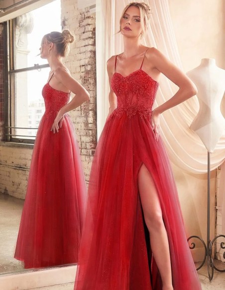 Vestido de fiesta largo con corpiño de tirante fino y falda de tul