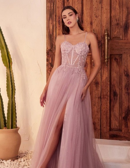 Vestido de fiesta largo con corpiño de tirante fino y falda de tul