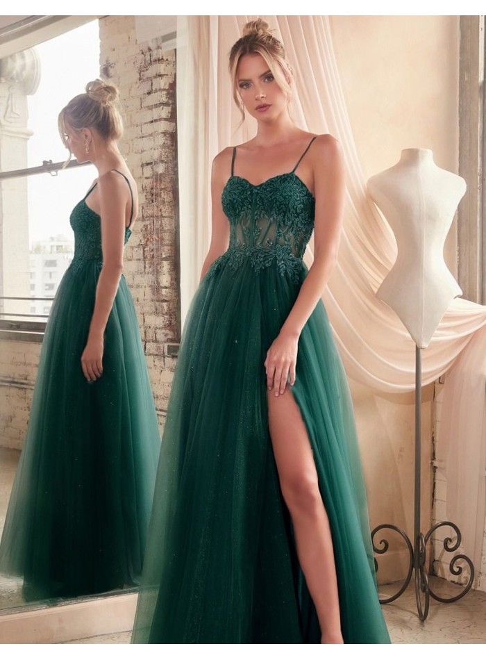 Long party dress with thin strapless bodice and tulle skirt