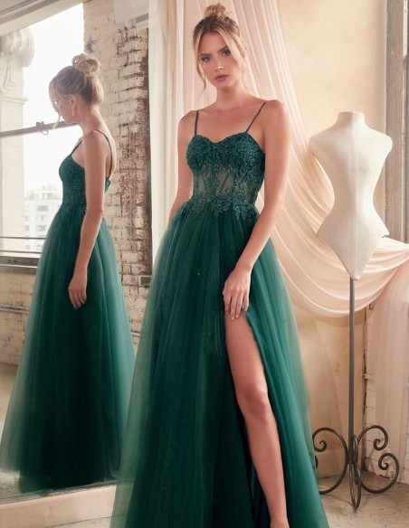 Vestido de fiesta largo con corpiño de tirante fino y falda de tul