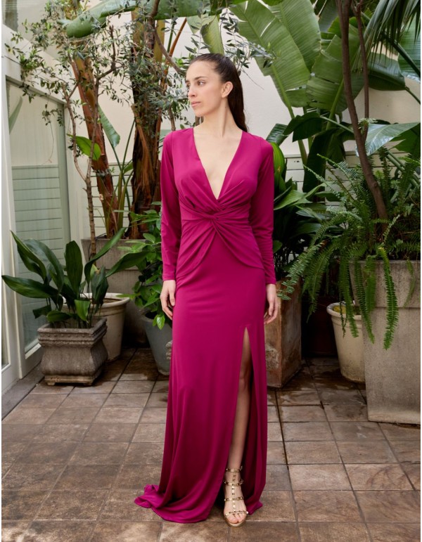 Long party dress with long sleeves and side slit