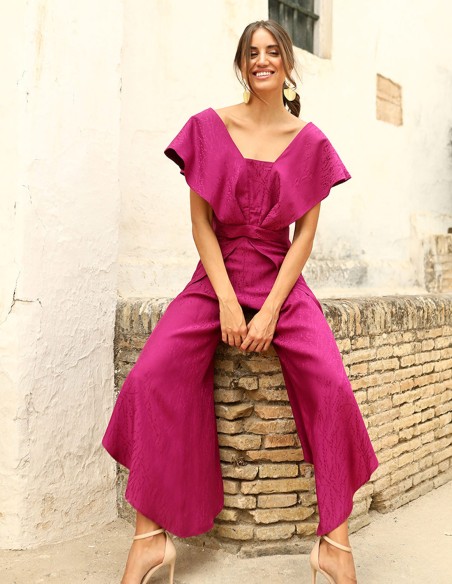 Conjunto de fiesta de top y pantalones de satén anchos fucsia