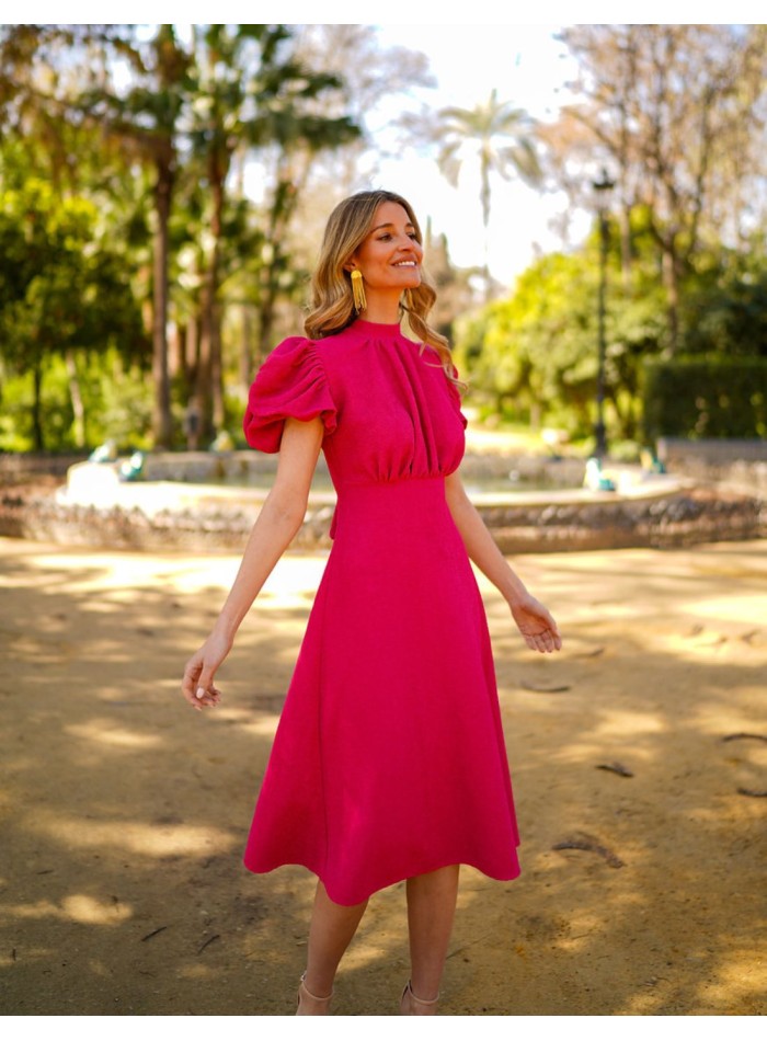 Vestido midi de fiesta con manga corta y lazos...